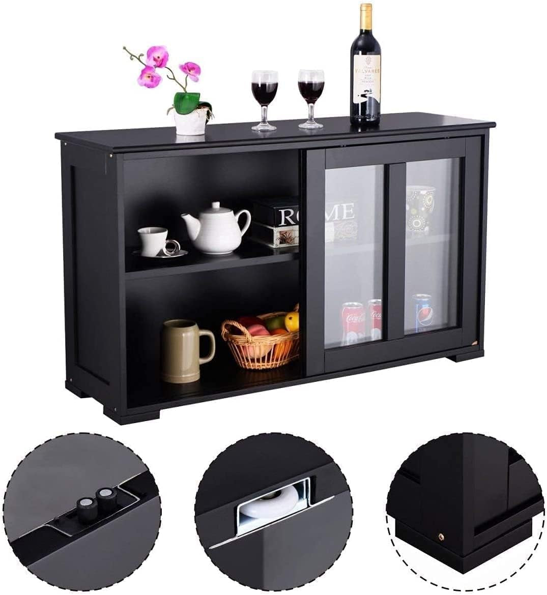 Kitchen Stackable Storage Cabinet with Height Adjustable Shelves & Glass Sliding Doors, Cupboard Server Buffet Console Sideboard, Black