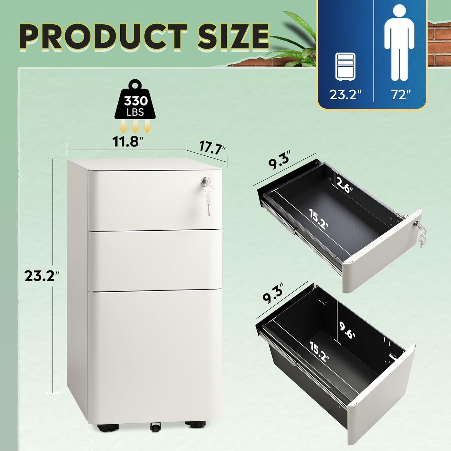 3 Drawer File Cabinet, Slim Metal Filing Cabinet with Lock, under Desk Storage Cabinet for Letters/Legal/A4, Fully Assembled except Casters - White