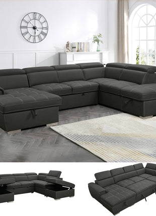 Stylish 127-Inch Charcoal Grey Microfiber U-Shaped Sectional Sofa with Pullout Bed, 7 Seats, Adjustable Headrests, Storage Chaise, and Ottoman – Effortless Assembly, Breathable, High-Quality Design for Modern Living Rooms