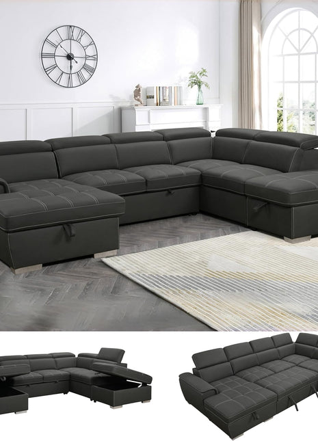 Stylish 127-Inch Charcoal Grey Microfiber U-Shaped Sectional Sofa with Pullout Bed, 7 Seats, Adjustable Headrests, Storage Chaise, and Ottoman – Effortless Assembly, Breathable, High-Quality Design for Modern Living Rooms