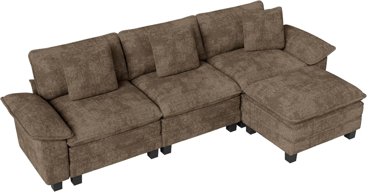 123-Inch L Shaped Sectional Sofa with Cloud Cushions, Deep Seat Modular Couch Set W/ 4 Seats & 1 Ottomans, Removable Arms, Plush Chenille Upholstery for Living Room, Apartment - Taupe
