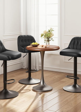 Set of 3 Contemporary Adjustable Swivel Bar Stools with Tufted Backrest, PU Leather Upholstery, Counter Height for Bar, Kitchen Island, and Dining Room, Black