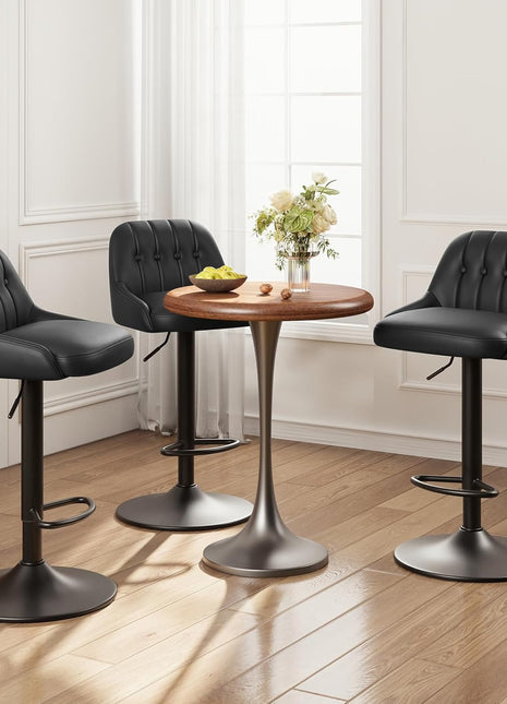 Set of 3 Contemporary Adjustable Swivel Bar Stools with Tufted Backrest, PU Leather Upholstery, Counter Height for Bar, Kitchen Island, and Dining Room, Black