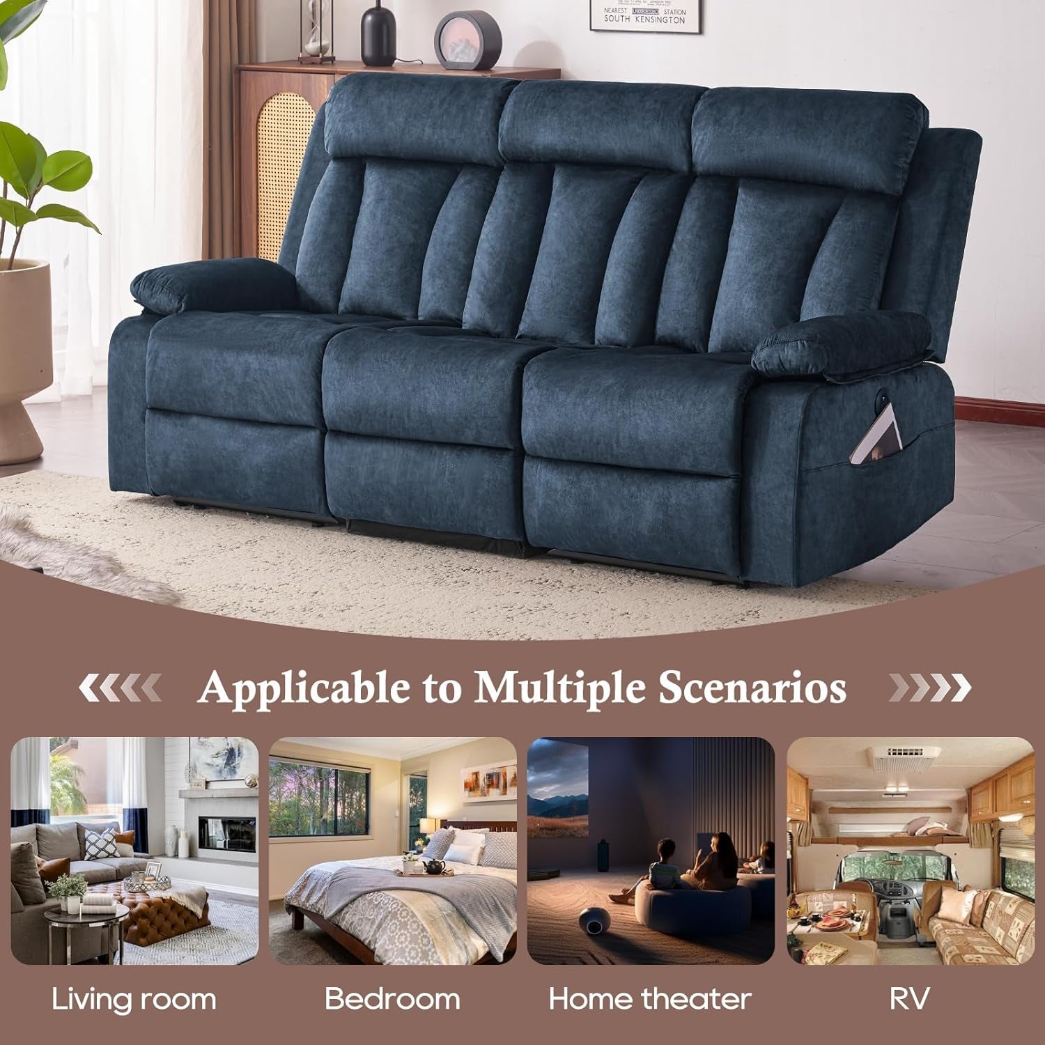 Power Recliner Sofa with Heat&Massage, Electric Reclining Couch with Multi-Function Console/Usb Ports/Type C, Wall Hugger 3 Seater-Sofa Recliner, Reclining Sofa Couch for Living Room