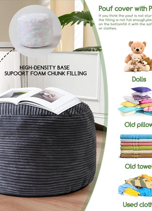 Round Corduroy Pouf Ottoman with Foam Filling - Fluffy Footstool and Storage Solution, 20 x 15 Inches, Dark Grey