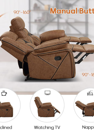 Faux Leather 3-Seat Manual Reclining Sofa for Living Room and Meeting Room, Brown