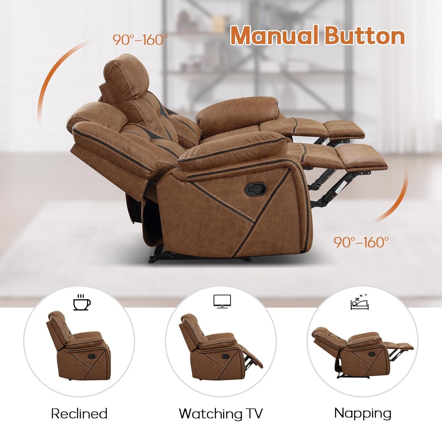 Faux Leather Manual Reclining Sofa, 3 Seat Recliner Sofa Chair, Couch Furniture for Living Room, Furniture, Meeting Room, Brown (3 Seat Sofa)