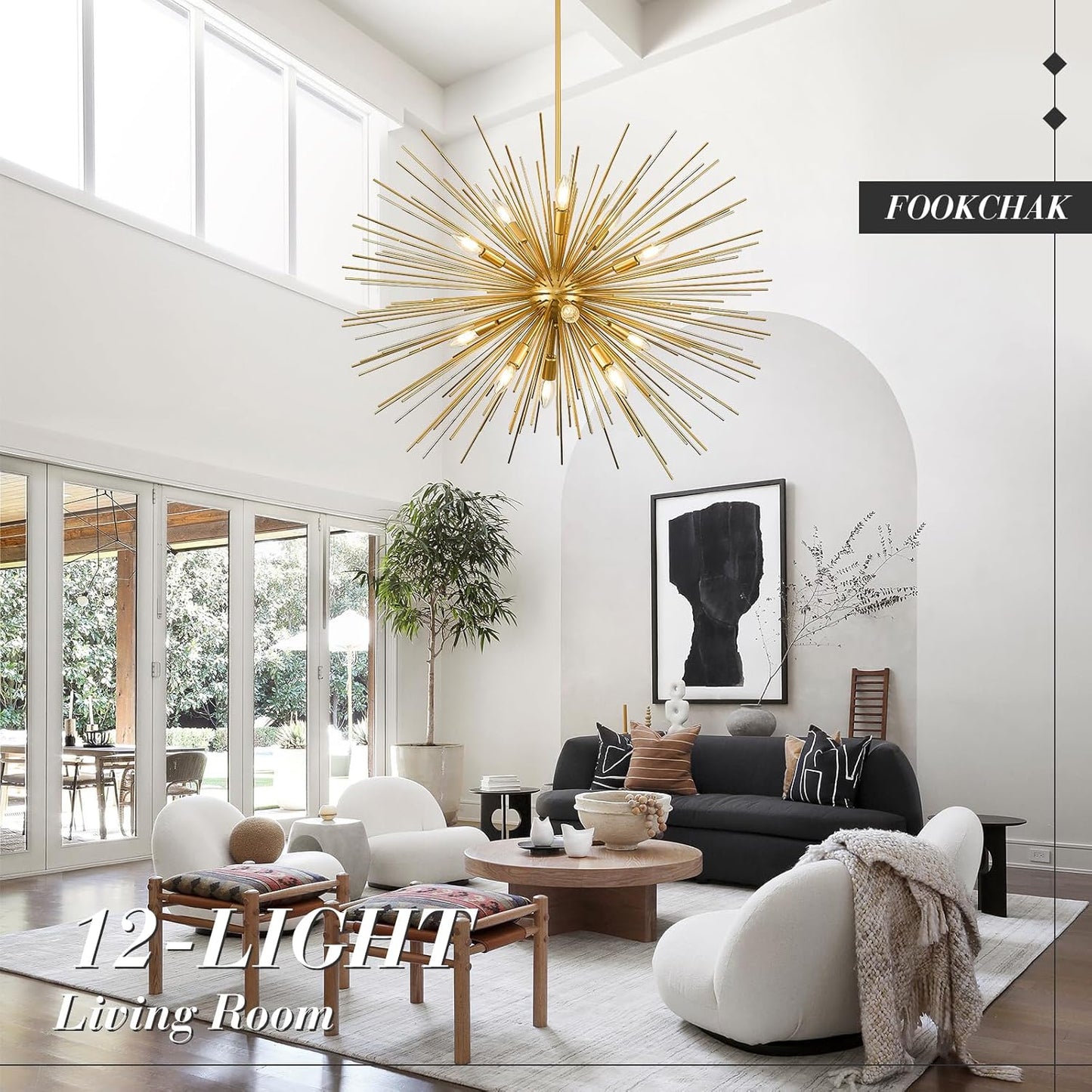 35In Gold Sputnik Chandelier 12-Light Starburst Chandelier Light Fixture Solid Metal Mid-Century Modern Satellite Light Fixture for High Ceiling Living Room Dining Room Foyer, E12