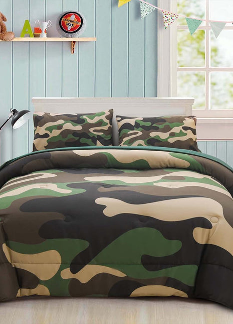 Twin Size Camouflage Bedding Comforter Set with Sheets - 5 Piece Bed in a Bag for Boys, Girls, and Teens - Neutral Farmhouse Lodge Cabin Army Green Bedspread