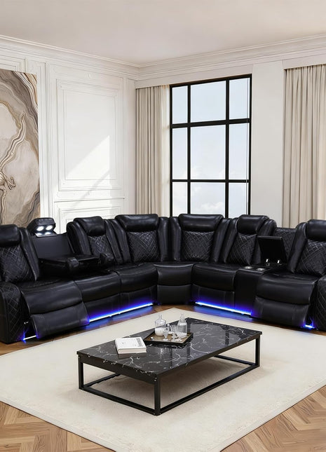 Power Recliner Sofa Set with LED Lighting, Air Leather Sectional, Wireless Charging, Cup Holders, and Storage Console for Home Theater, Black