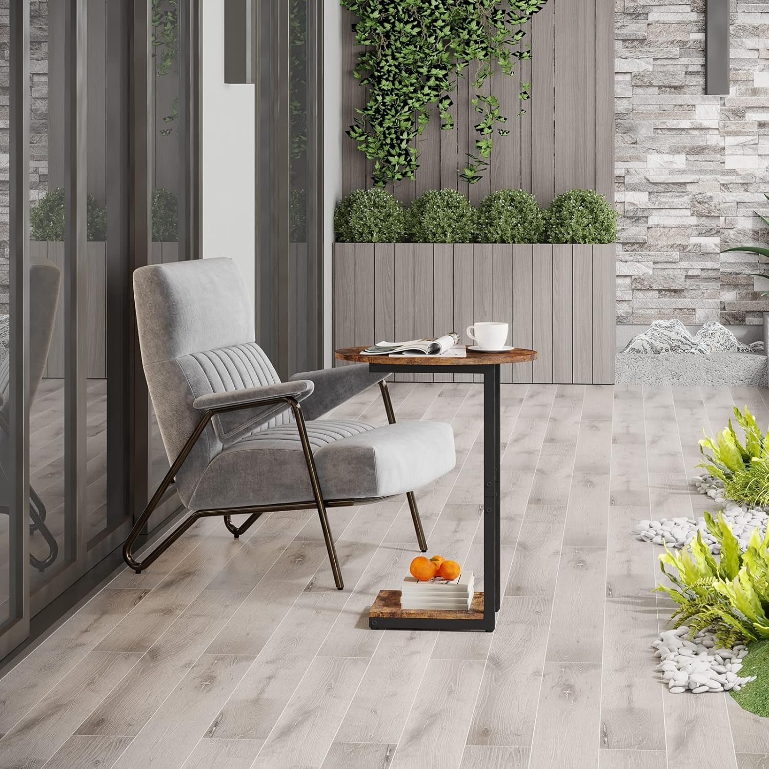 Side Table Small End Table, C-Shaped Wood Sofa Table with Metal Frame for Living Room, Bedroom, Small Spaces (Rustic Brown)