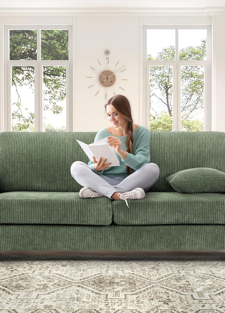70-Inch Corduroy Sofa for Living Room, Tool-Free Assembly, Comfortable 3-Seater Loveseat with 21-Inch Deep Seats and 2 Pillows, Ideal for Bedroom Use, Green Finish