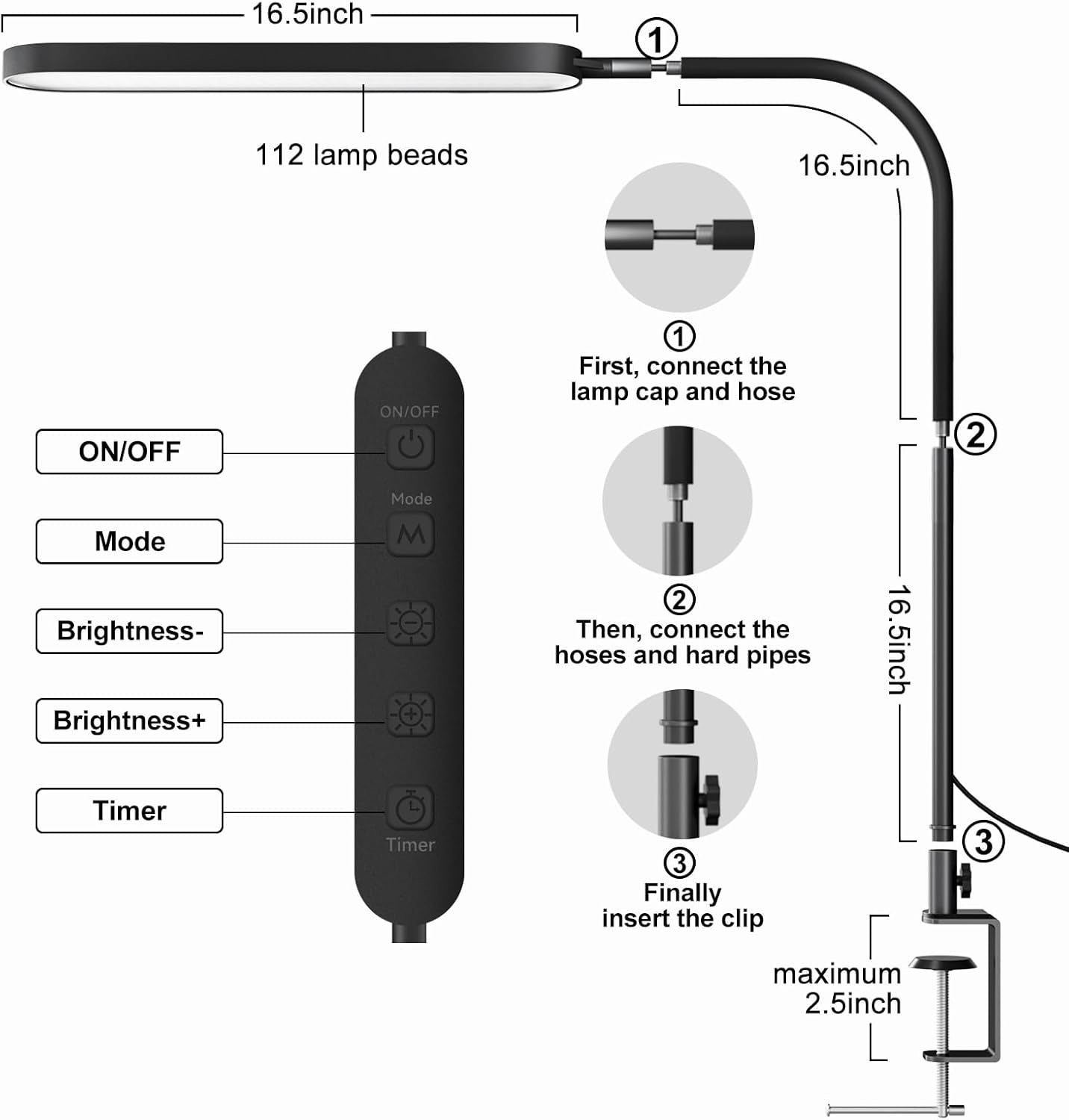 Led Desk Lamp - Desk Light for 33.5" Tall - Flexible Gooseneck - 5 Color Modes X 11 Brightness Levels - 1300LM - Timmer & Memory Function - 12W Clip on Light - Black