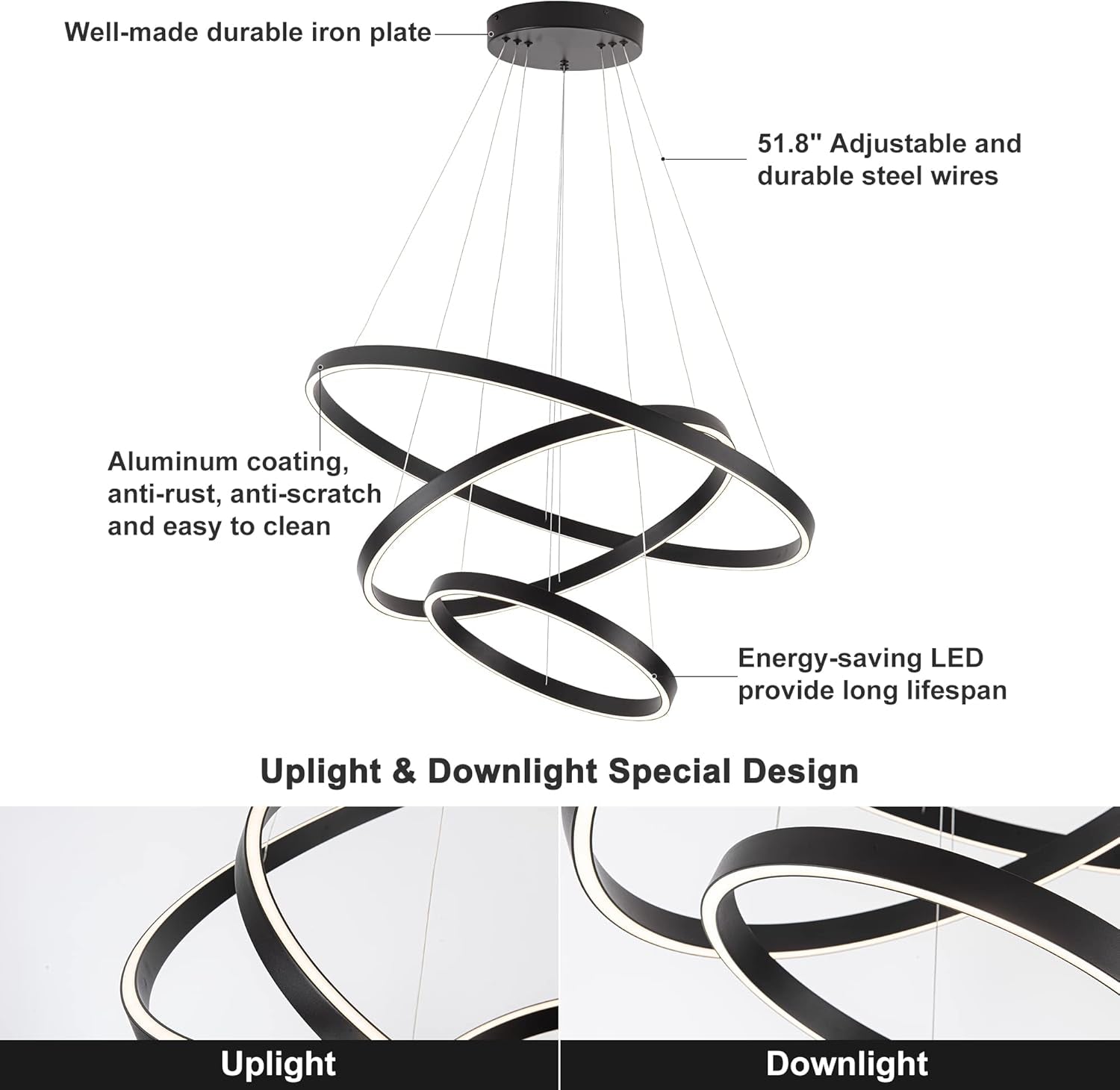 Elegant 3-Rings Black Modern LED Chandelier – Fully Dimmable High Ceiling Pendant Light for Dining Room, Living Room, Foyer & Staircase (Warm White 3000K, Adjustable Size 15.7"-31.4")