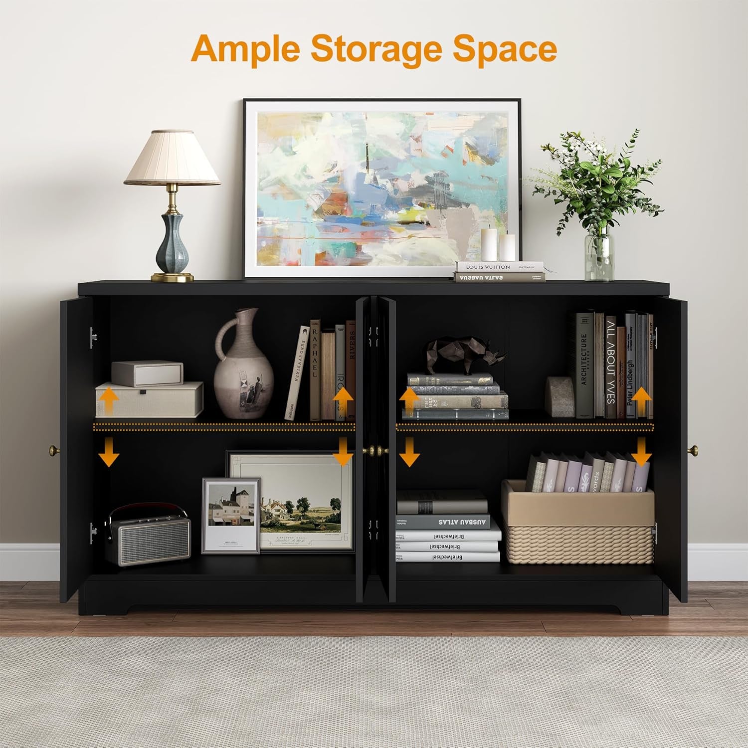 Sideboard Buffet Cabinet, 56" Modern Credenza with 4 Doors and Adjustable Shelves, Wood Accent Cabinet Console Media for Entryway, Living Room, Kitchen, Satin Black