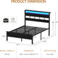 Full Size Bed Frame with LED Light and Charging Station, Wood Storage Headboard with 2-Tier Shelves, Metal Platform Bed with Heavy Duty Slats Support, No Box Spring Needed, Black Oak