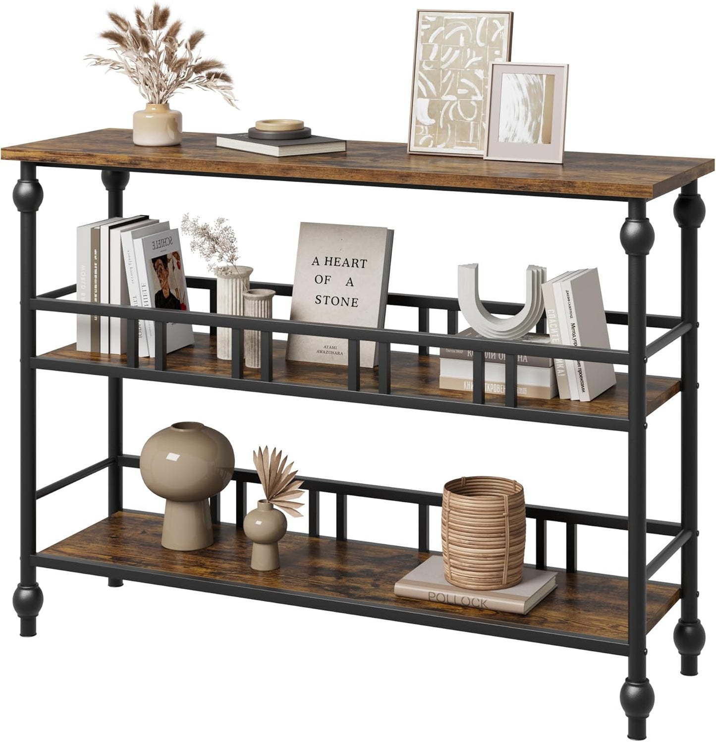 43" Console Table, 3-Tier Entryway Narrow Side Table with Shelves, Sofa Table for Living Room, Hallway, Bedroom, Rustic (Retro Brown)