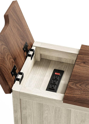 Farmhouse End Table with Built-in Charging Station, Compact Side Table for Living Room, Sofa Companion with Drawer and Storage Cabinet, Versatile Nightstand for Home Office