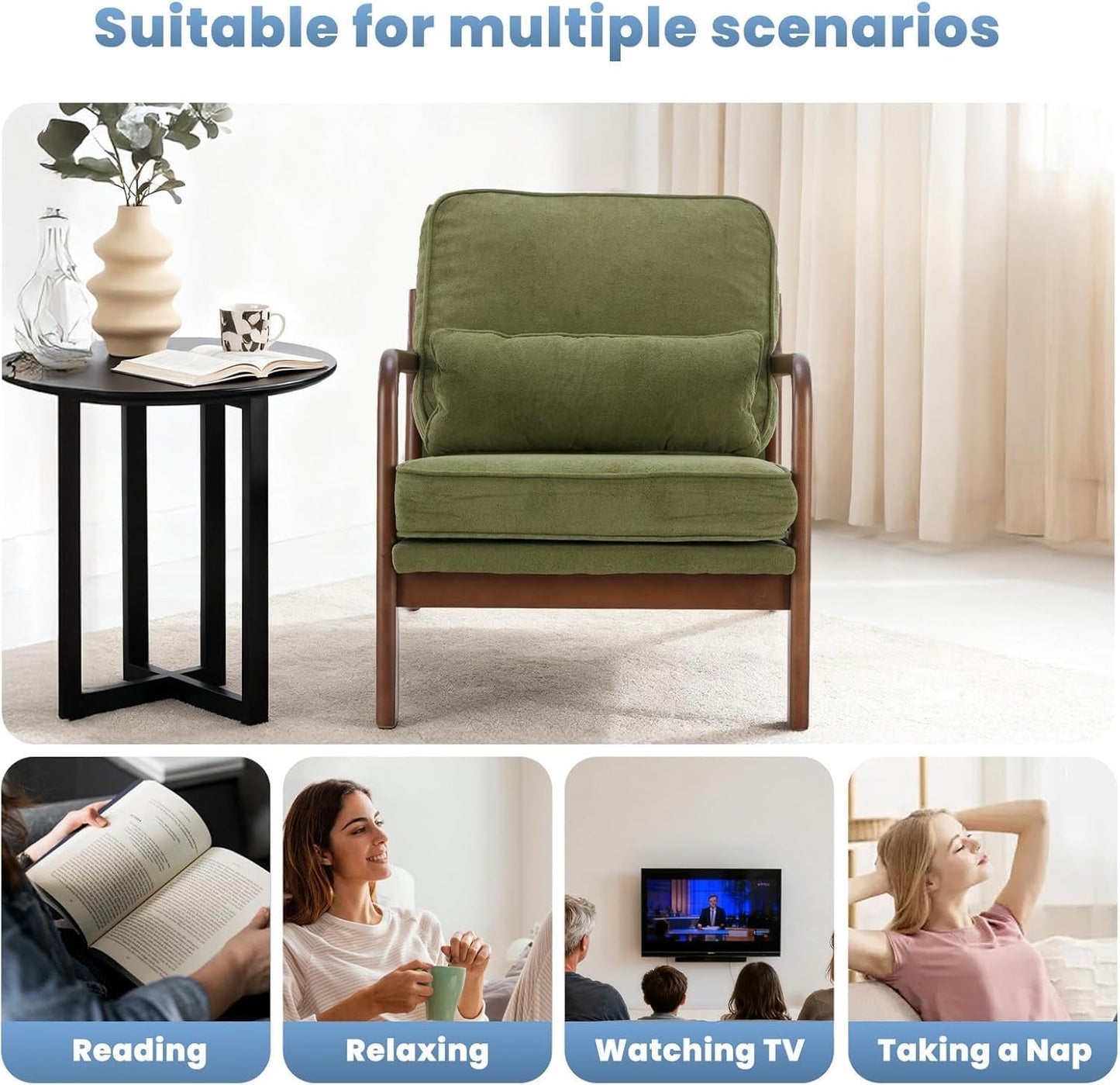 Mid Century Accent Chair, Modern Living Room Chairs with Arms and Waist Cushion, Reading Chairs for Adults, Lounge Chair for Bedroom, Solid Wooden Frame, Classic Green