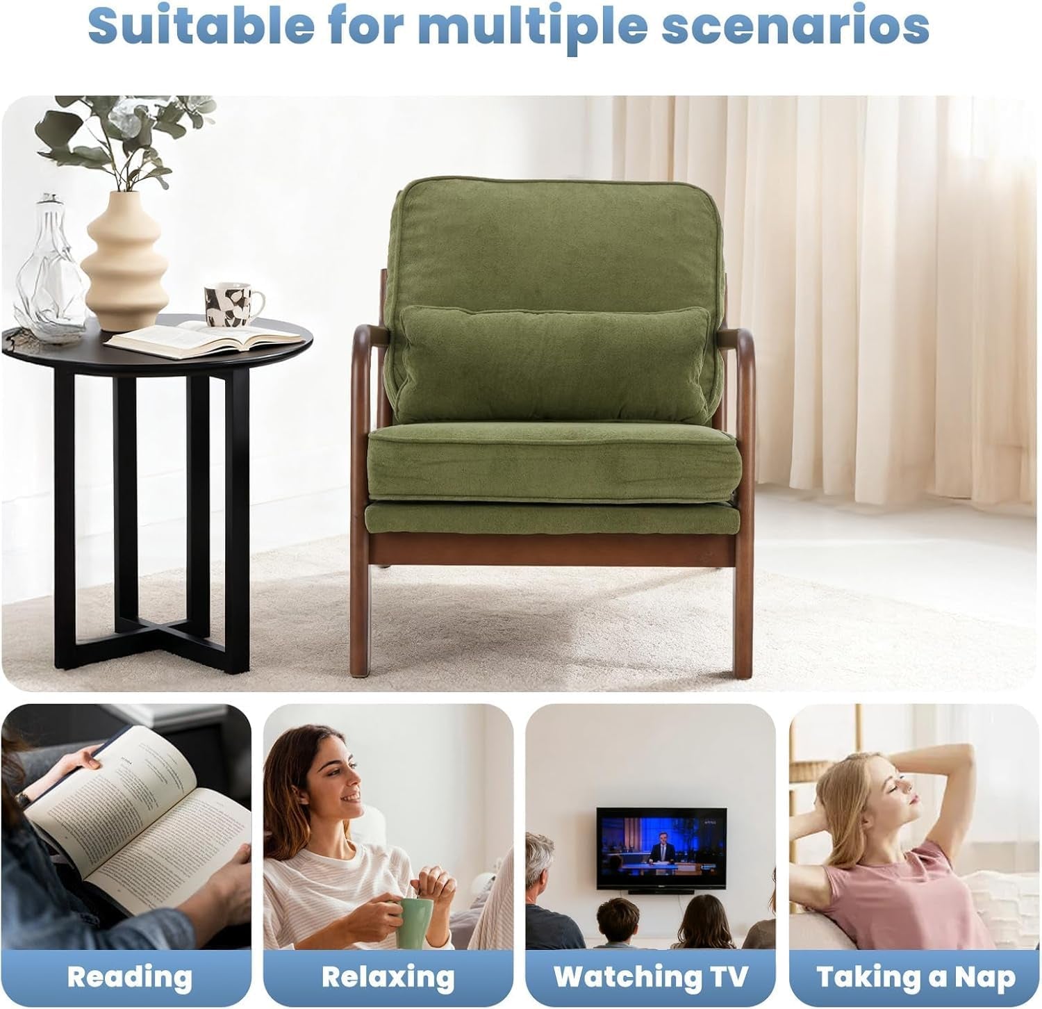 Mid Century Accent Chair, Modern Living Room Chairs with Arms and Waist Cushion, Reading Chairs for Adults, Lounge Chair for Bedroom, Solid Wooden Frame, Classic Green