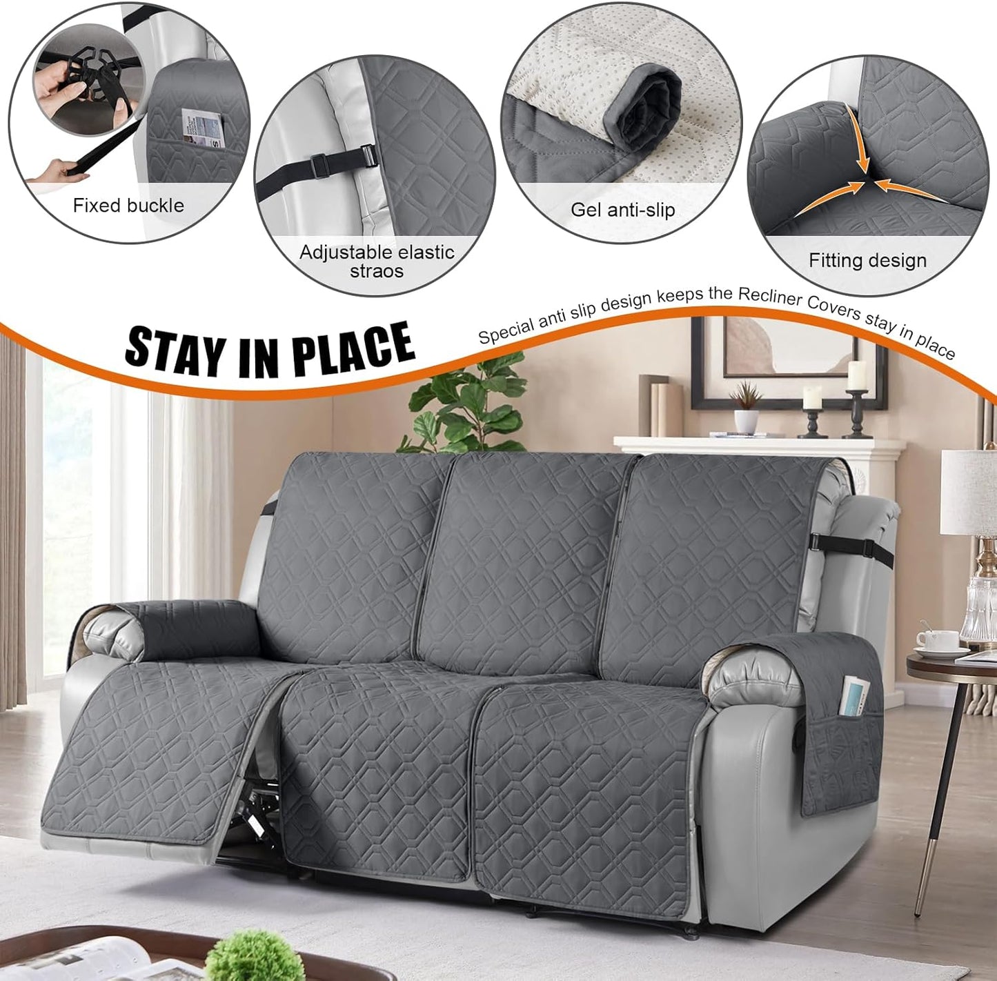 Waterproof Recliner Couch Covers, Sofa Covers 1-Piece Washable Reclining Sofa Cover Non-Slip Furniture Protector with Elastic Straps Pocket for Dogs, Pets(Dark Gray,3 Seater)