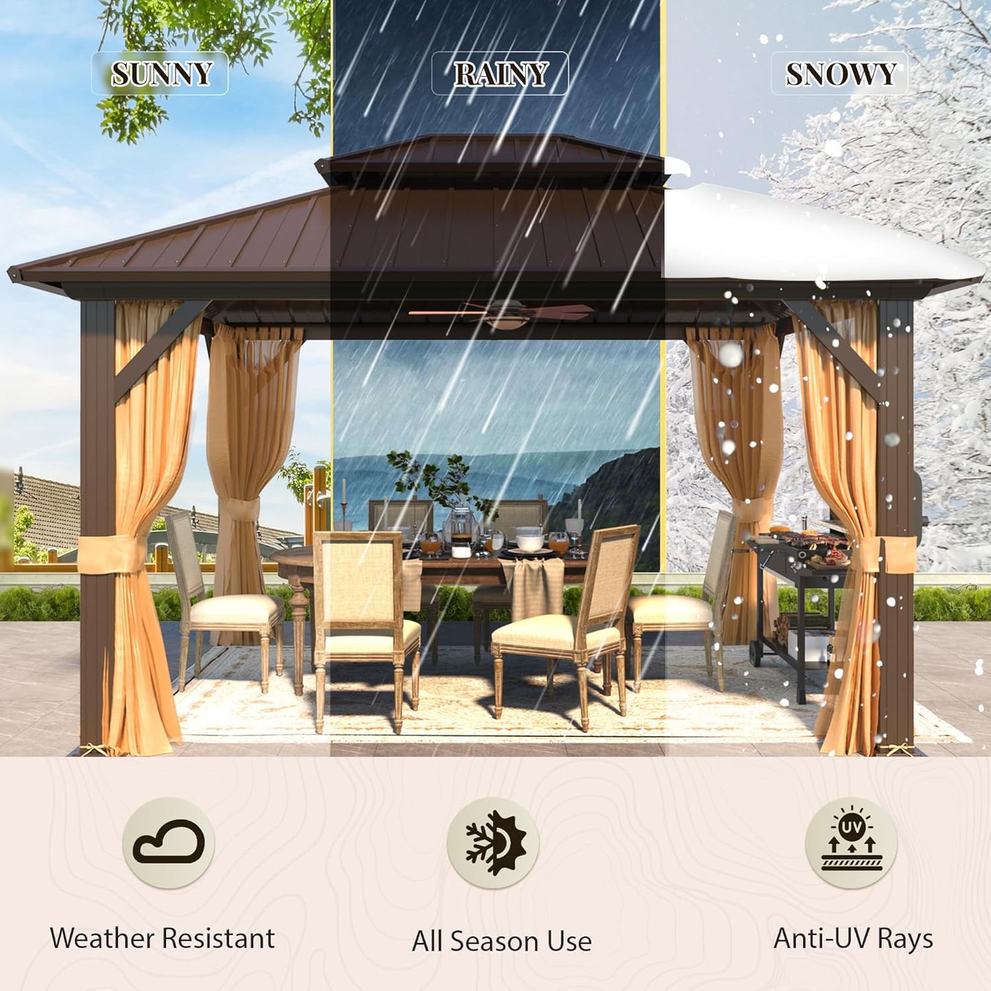 10' X 12' Hardtop Gazebo, Metal Gazebo with Aluminum Frame, Double Galvanized Steel Roof, Curtains and Netting Included, Pergolas for Patios, Garden, Parties, Lawns