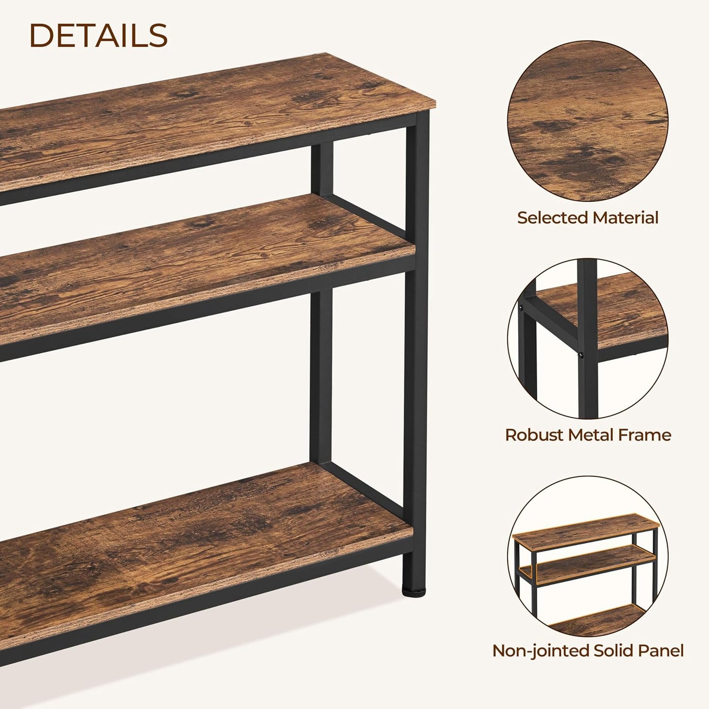 Industrial Console Table, 3 Tier Entryway Table with Storage Shelves, Narrow Sofa Tables for Living Room, Foyer, Hallway, Entrance, Metal Frame, Rustic Brown