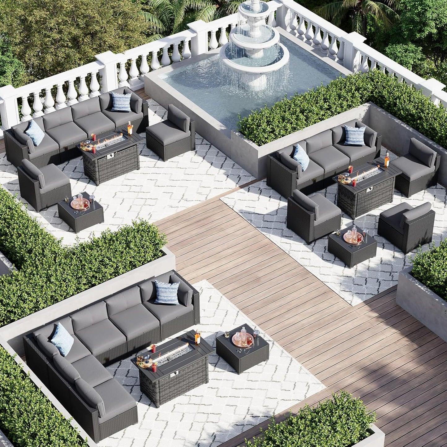 8 Piece Patio Furniture Set with 44” Fire Pit Table Wicker Rattan Patio Sectional Sofa Set Outdoor Seating Furniture with Thickened Cushion, Grey