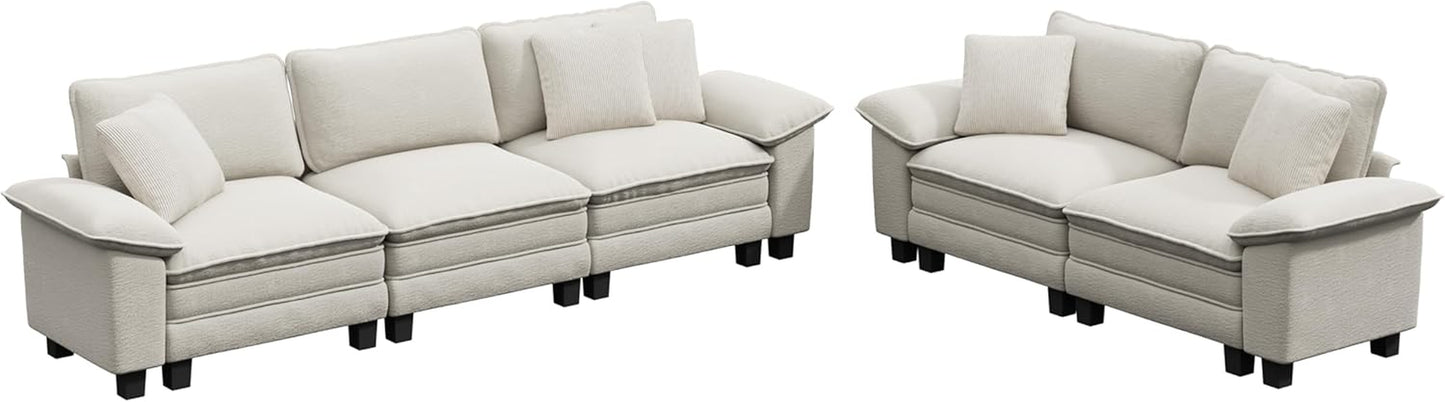 L-Shaped Cloud Modular Sofa Set with Chaise Lounge, 5-Piece Sectional & Deep Seat, Plush Chenille W/Removable Arms for Living Room - Beige