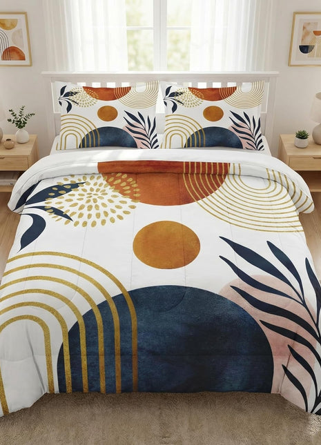 King Size Comforter Set with Two Pillowcases, Retro Sun Boho Geometric Leaf Design, 3-Piece Bedding Ensemble for Adults, Mid-Century Soft Comforter for Bedroom Decor
