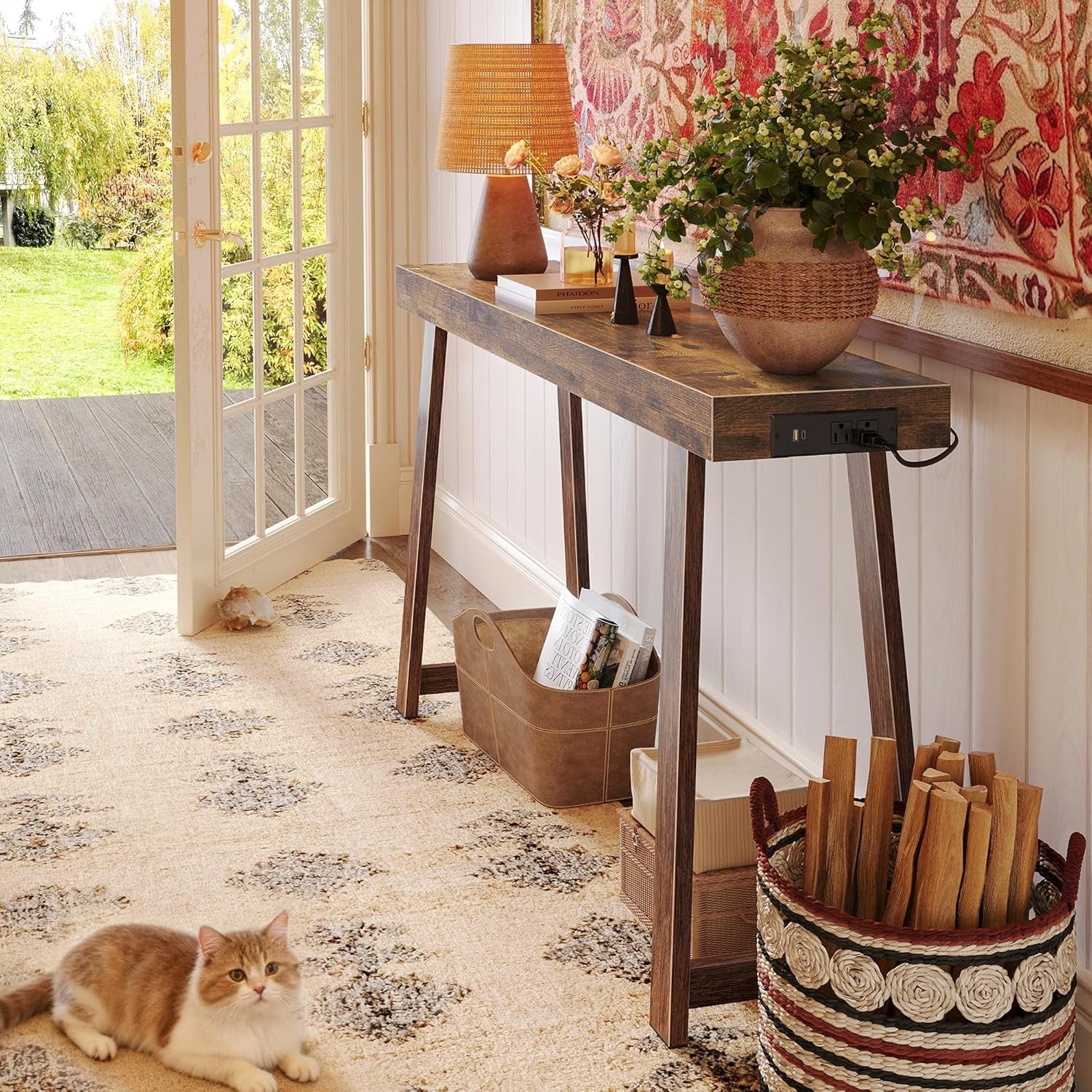 Entryway Console Table with Charging Station, USB-C Port, 47.2 Inch Sofa Table with Metal Legs, Entry Hallway Table with Thicker Desktop, Modern behind Couch Table, Rustic Brown