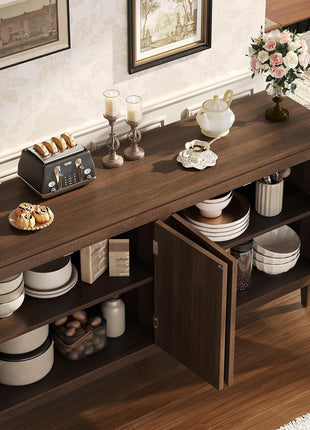 60" Mid-Century Solid Wood Sideboard Cabinet with 4 Doors - Versatile Storage Buffet and Coffee Station for Dining and Living Rooms