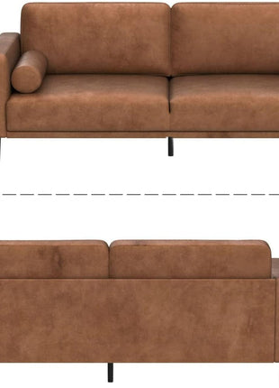 79-Inch Mid-Century Modern Faux Leather Sofa Couch with Deep Seats, Cloud Cushions, and Two Pillows - 3-Seater Loveseat for Living Room, Office, Bedroom, or Apartment in Brown