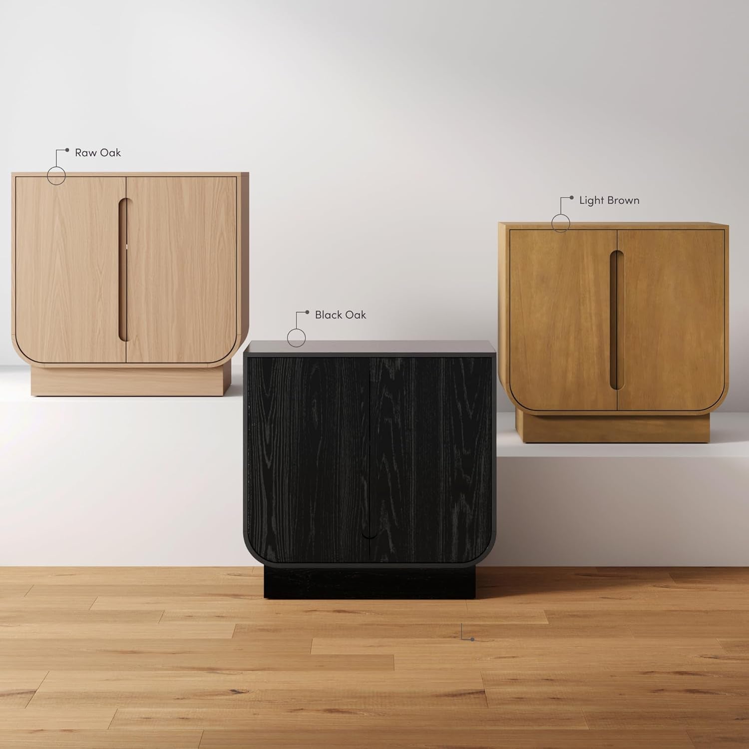 Joey Mid Century Modern Storage Cabinet, Arched Accent Cabinet with Rounded Bottom Edges and Integrated Door Pull Cutouts, Black Oak