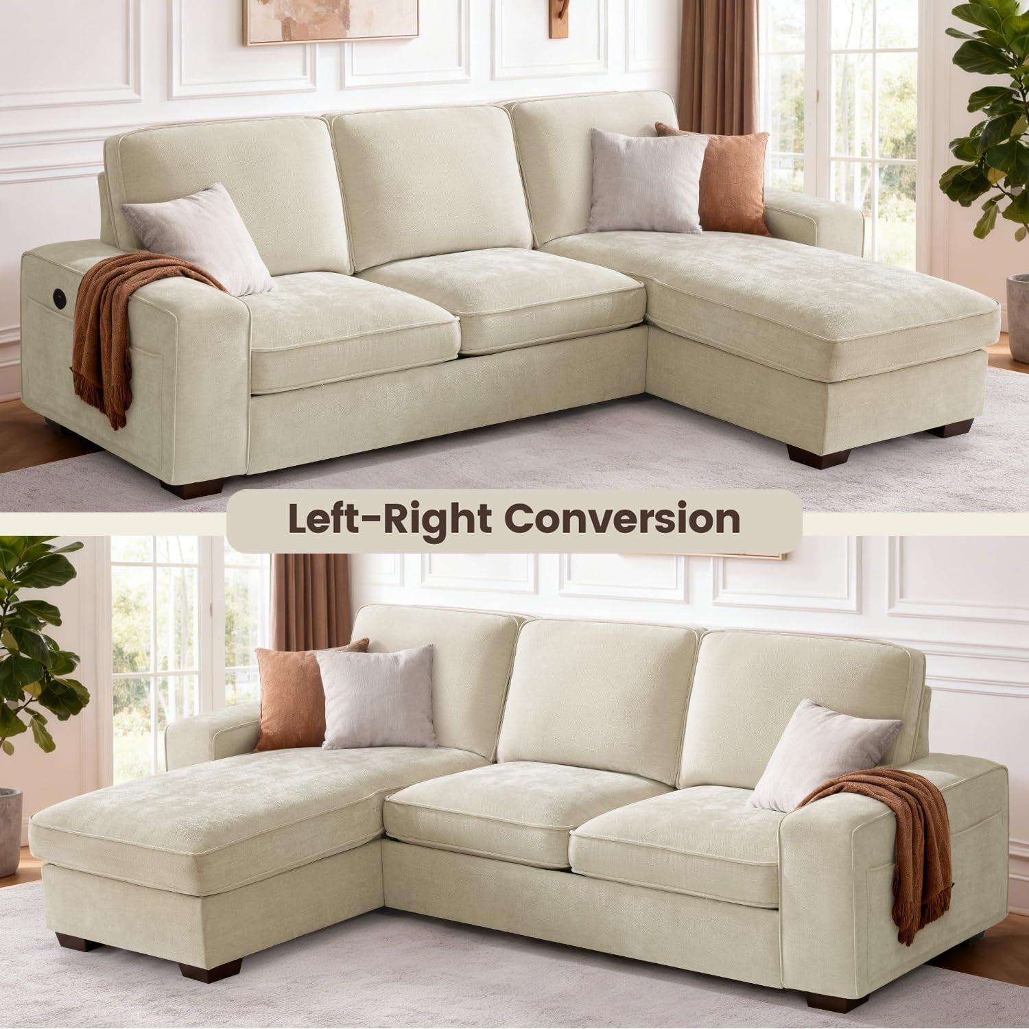 99" L-Shaped Sectional Couch with Storage, Sofa with Reversible Chaise, USB Type-C Charging, Chenille Fabric, Removable Cushion Covers, for Small Space, Apartment, Living Room, Beige