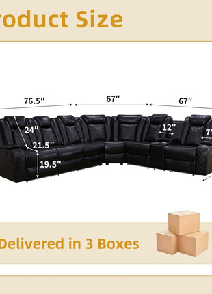 Power Recliner Sofa Set with LED Lighting, Air Leather Sectional, Wireless Charging, Cup Holders, and Storage Console for Home Theater, Black