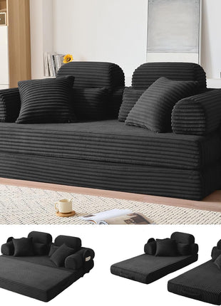 78.8" Multifunctional Convertible Sofa Bed with High Backrest & Headrest - 5-in-1 Corduroy Couch with Side Pocket, No Assembly Needed, Washable Detachable Cover, Ideal for Living Room - Elegant Black Finish