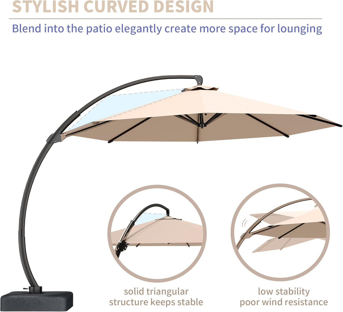 11Ft Offset Cantilever Patio Umbrella with Base Included, Large round Aluminum Outdoor Umbrella, 360° Rotation & Infinite Tilt, Heavy Duty Frame for Deck Pool Backyard, Beige