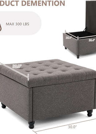 30-Inch Large Square Upholstered Storage Ottoman Coffee Table in Dark Grey Fabric for Living Room