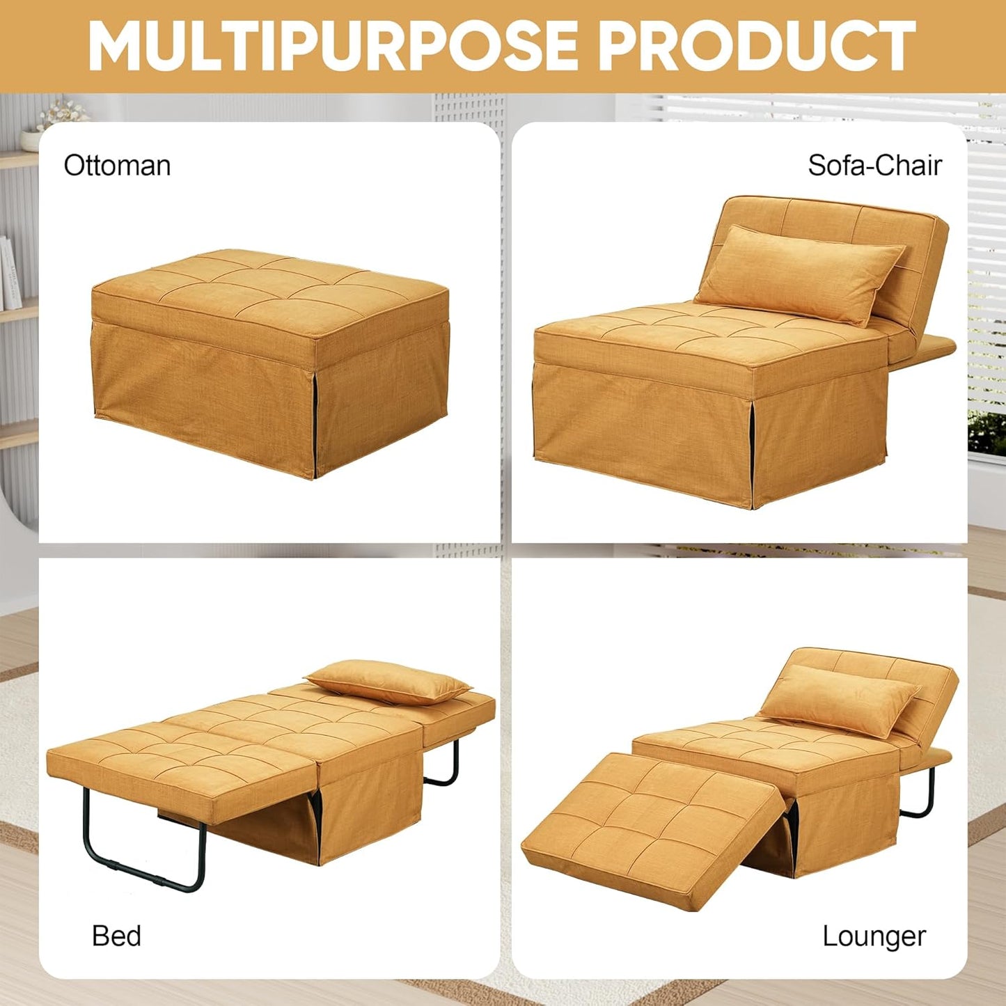 Convertible Sofa Bed, 4 in 1 Multi-Function Folding Ottoman Bed with Adjustable Backrest, Modern Futon Couch No Assembly for Living Room Apartment Office Small Space (Yellow)