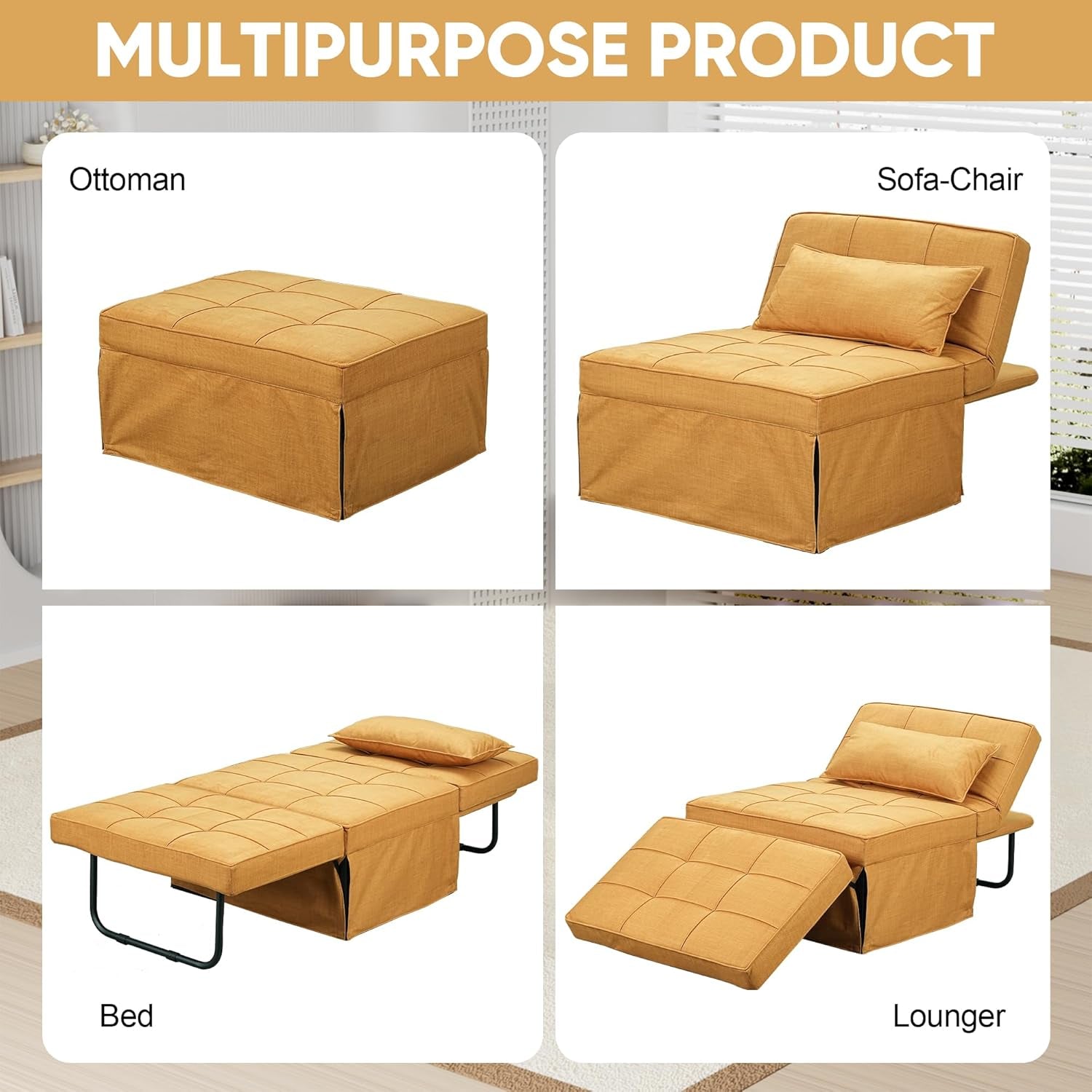 Convertible Sofa Bed, 4 in 1 Multi-Function Folding Ottoman Bed with Adjustable Backrest, Modern Futon Couch No Assembly for Living Room Apartment Office Small Space (Yellow)