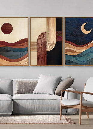Bohemian Mid-Century Modern Framed Canvas Wall Art - Geometric Abstract Sun and Moon Design in Beige and Black for Living Spaces - 16" x 24" x 3