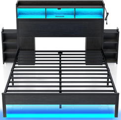 Bed Frame Queen Size with Bookcase Storage Headboard, Slide Out Bedside Storage, Bed with Charging Station & LED Lights, Heavy Duty Metal Slats, No Box Spring Needed, Noise Free, Black