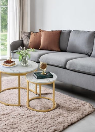 Modern Industrial Nesting Coffee Table Set of Two with Gold Frame and Marble Finish, White Circular Wooden Design for Living Room and Bedroom