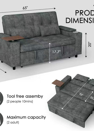 Versatile 65-Inch Chenille Sleeper Sofa Bed - Stylish Convertible Loveseat with Adjustable Backrest, Integrated Side Table, Built-In Charging Port, Cup Holder, and Hidden Storage in Dark Grey