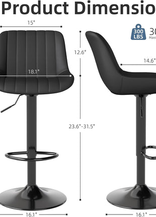Set of 2 Adjustable Swivel Counter Height Bar Stools with Backrest, Armless PU Leather Kitchen Island Chairs in Black