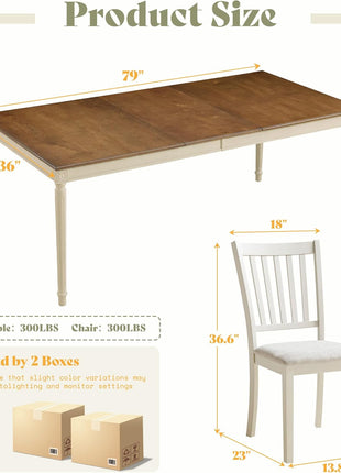 9-Piece Solid Wood Dining Set with 8 Upholstered Chairs, Rustic Cream Finish, 79-Inch Table with Roman Conical Legs, Accommodates Up to 8 for Kitchen and Dining Room