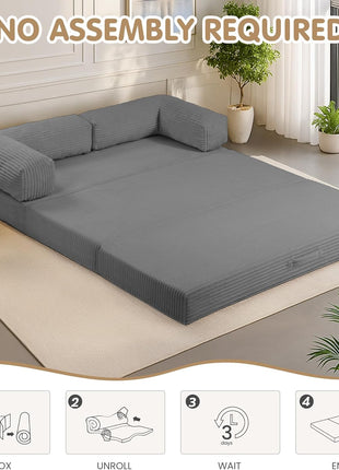 5-in-1 Convertible Sofa Bed - Elegant Boneless Couch with Removable L-Shaped Armrests, Tri-Folding Floor Mattress, and Pull-Out Bed for Enhanced Comfort