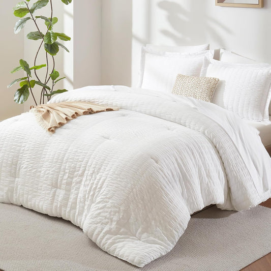 Queen Comforter Set White Seersucker 7 Pieces Bed in a Bag Queen Comforter Set with Sheets, Luxury Soft Bedding Set with down Alternative Comforter, Sheets, Pillowcases & Shams for All Seasons