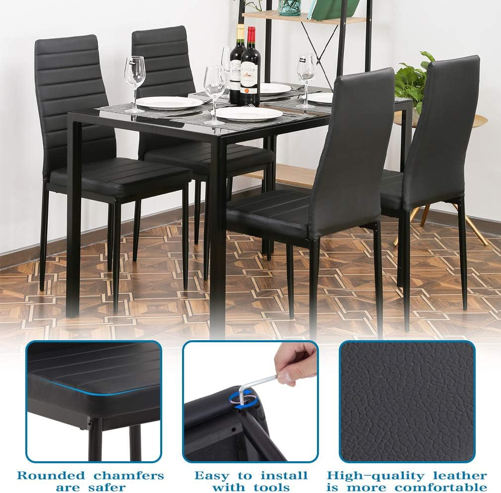 | 5-Piece Dining Table Set | Black | Glass Kitchen Table with 4 Upholstered Chairs and Faux Leather Cushions | Space-Saving and Modern Design | for Dining Room, Easy to Assemble